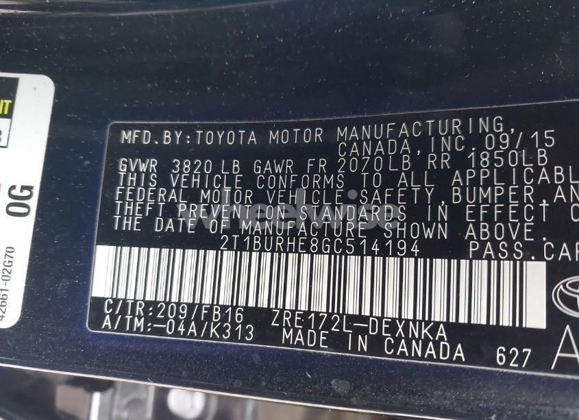 Photo 9 of 2016 Toyota Corolla LE (VIN 2T1BURHE8GC514194)