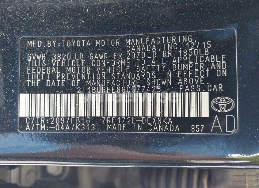 Photo 9 of 2016 Toyota Corolla LE PLUS (VIN 2T1BURHE8GC577425)