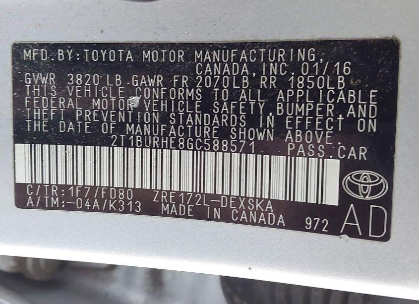 Photo 9 of 2016 Toyota Corolla S PLUS (VIN 2T1BURHE8GC588571)