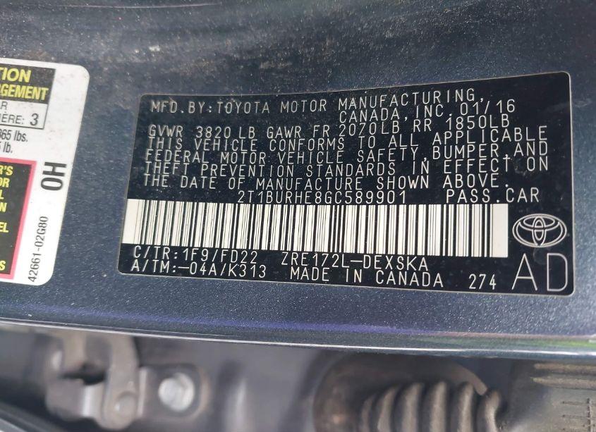 Photo 9 of 2016 Toyota Corolla S PLUS (VIN 2T1BURHE8GC589901)