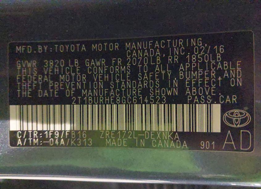 Photo 9 of 2016 Toyota Corolla LE (VIN 2T1BURHE8GC614523)