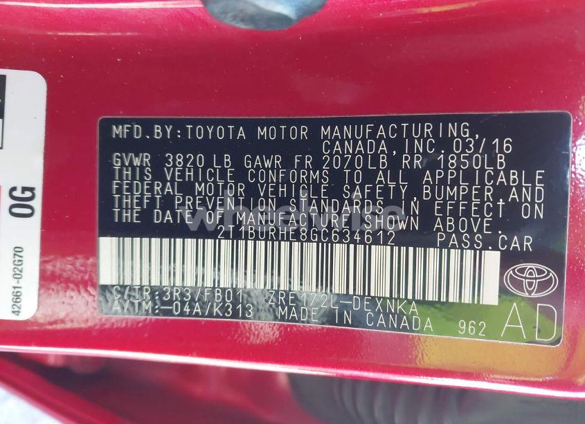 Photo 9 of 2016 Toyota Corolla LE (VIN 2T1BURHE8GC634612)