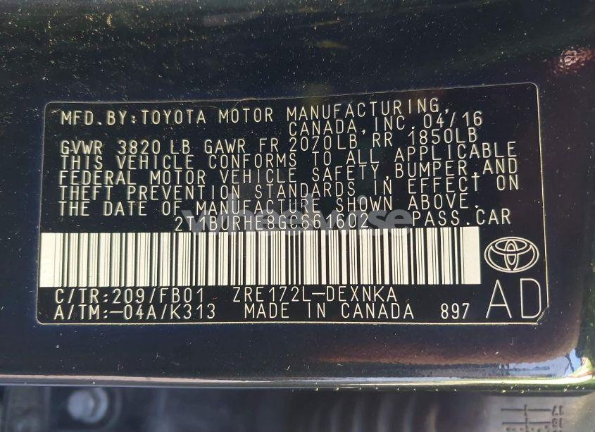 Photo 9 of 2016 Toyota Corolla LE (VIN 2T1BURHE8GC661602)