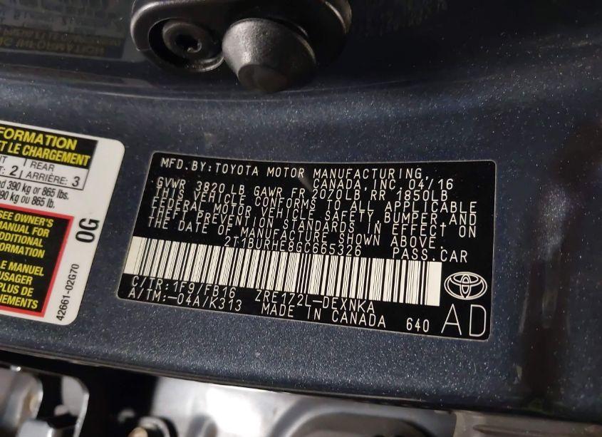 Photo 9 of 2016 Toyota Corolla LE (VIN 2T1BURHE8GC665326)