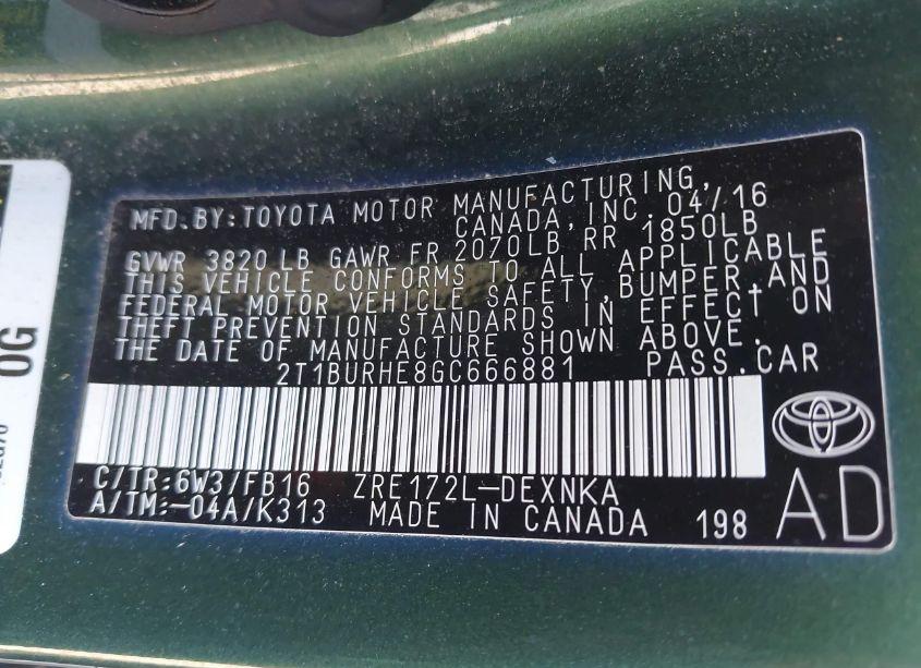 Photo 9 of 2016 Toyota Corolla LE (VIN 2T1BURHE8GC666881)