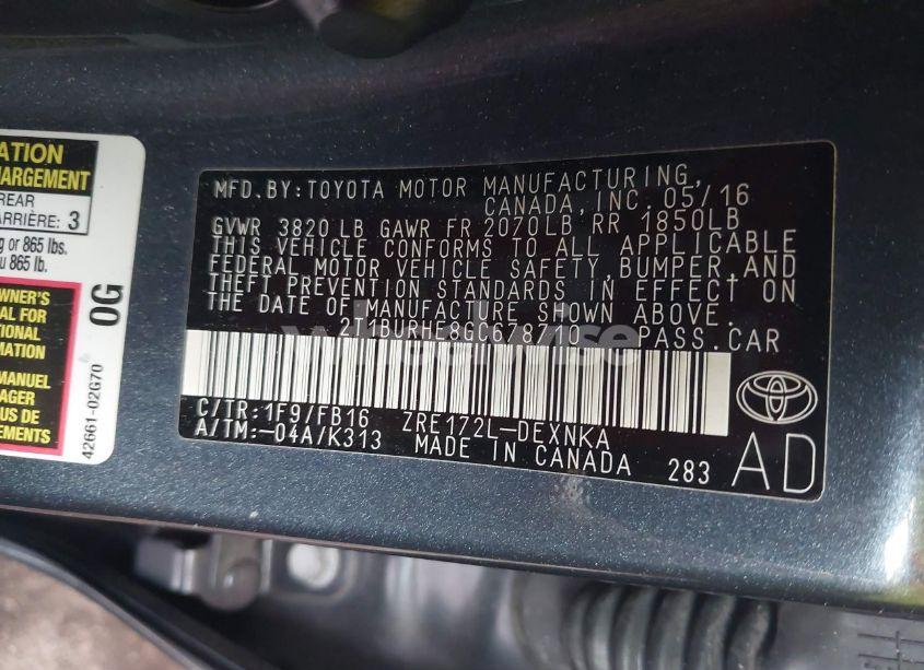 Photo 9 of 2016 Toyota Corolla LE (VIN 2T1BURHE8GC678710)