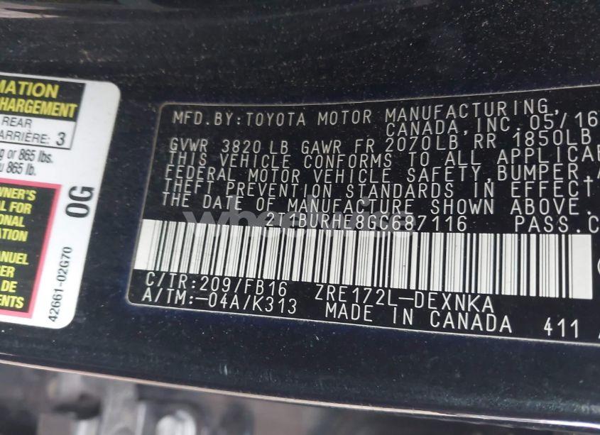 Photo 9 of 2016 Toyota Corolla LE PLUS (VIN 2T1BURHE8GC687116)