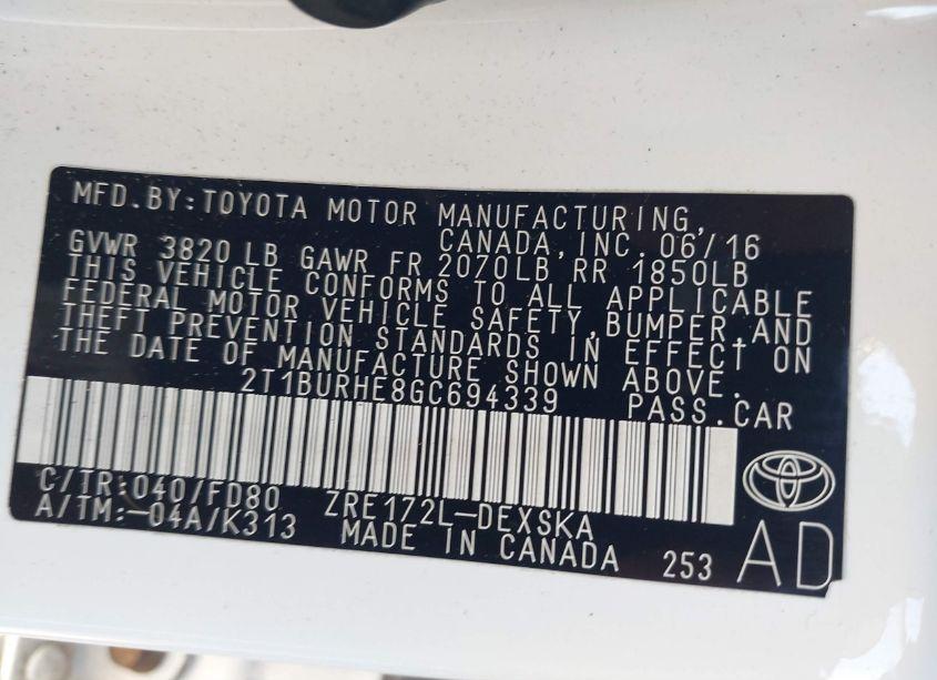 Photo 9 of 2016 Toyota Corolla S PLUS (VIN 2T1BURHE8GC694339)