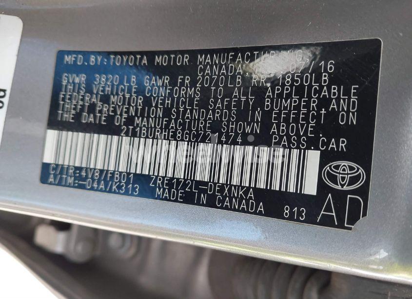 Photo 9 of 2016 Toyota Corolla LE (VIN 2T1BURHE8GC721474)