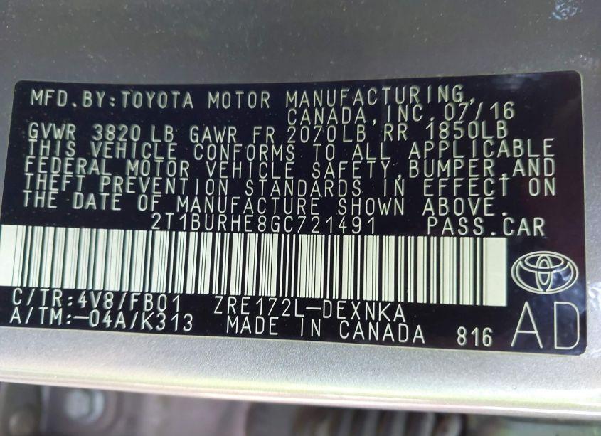 Photo 9 of 2016 Toyota Corolla LE PLUS (VIN 2T1BURHE8GC721491)