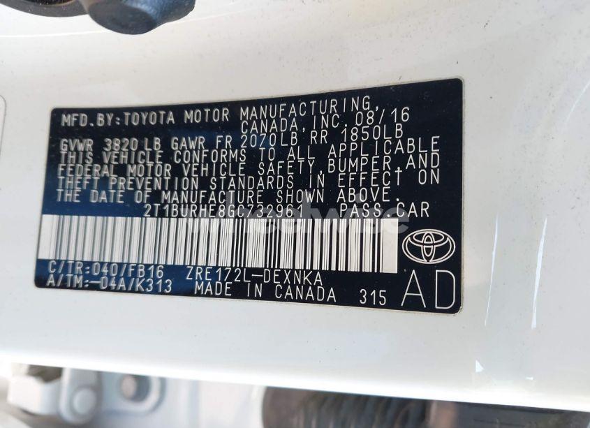 Photo 9 of 2016 Toyota Corolla LE (VIN 2T1BURHE8GC732961)