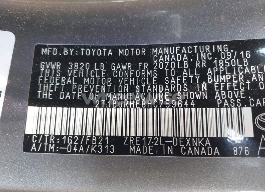 Photo 9 of 2017 Toyota Corolla LE (VIN 2T1BURHE8HC759644)