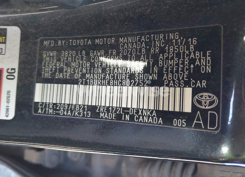 Photo 9 of 2017 Toyota Corolla LE (VIN 2T1BURHE8HC802752)