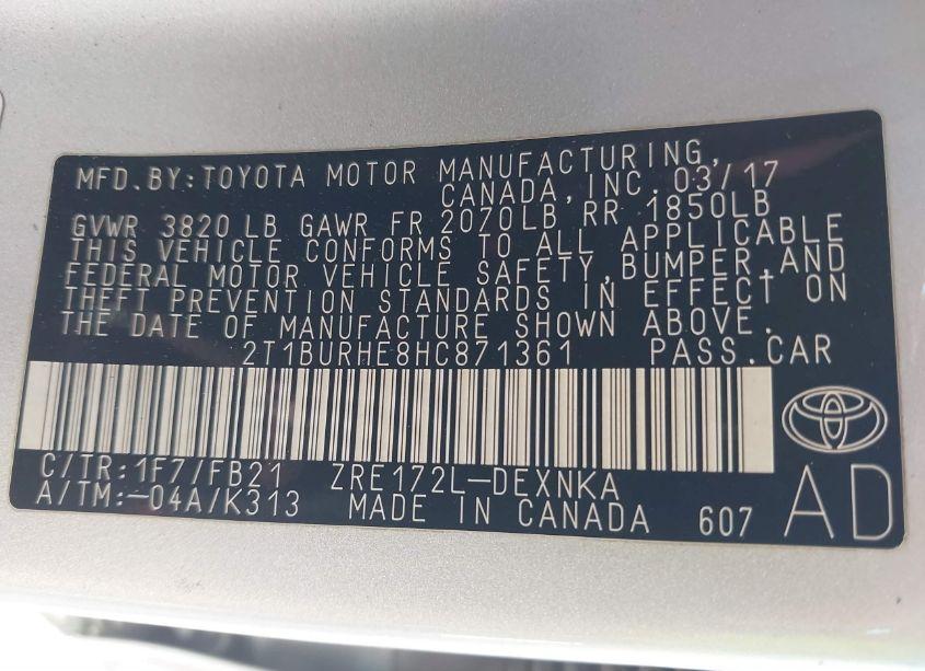 Photo 9 of 2017 Toyota Corolla LE (VIN 2T1BURHE8HC871361)