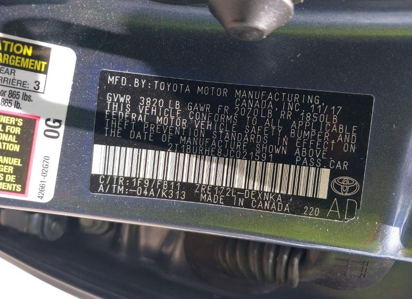 Photo 9 of 2018 Toyota Corolla LE (VIN 2T1BURHE8JC021591)