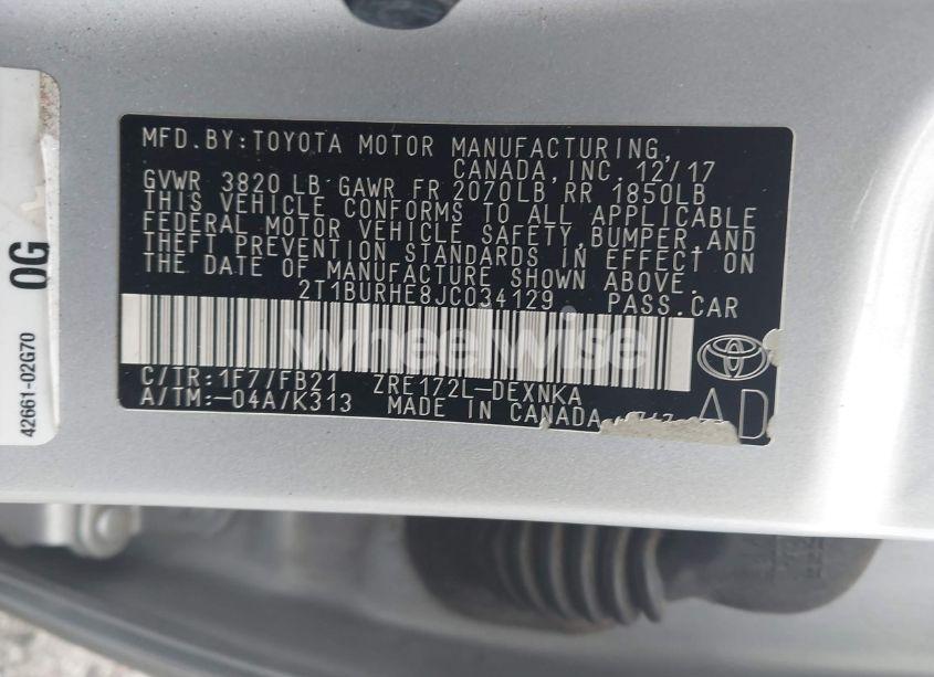 Photo 9 of 2018 Toyota Corolla LE (VIN 2T1BURHE8JC034129)