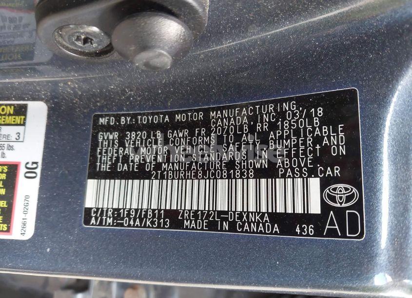 Photo 9 of 2018 Toyota Corolla LE (VIN 2T1BURHE8JC081838)