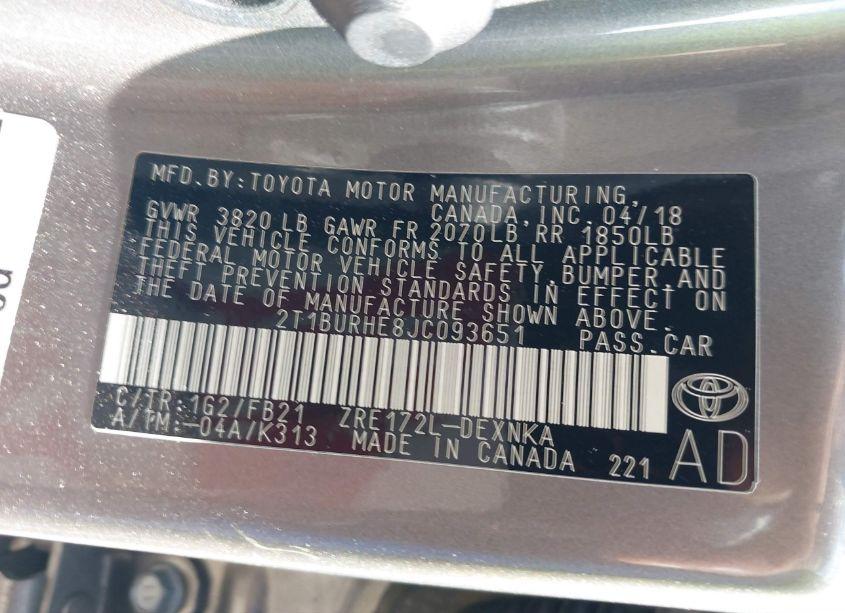 Photo 9 of 2018 Toyota Corolla LE (VIN 2T1BURHE8JC093651)