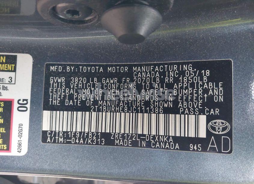 Photo 9 of 2018 Toyota Corolla LE (VIN 2T1BURHE8JC111386)