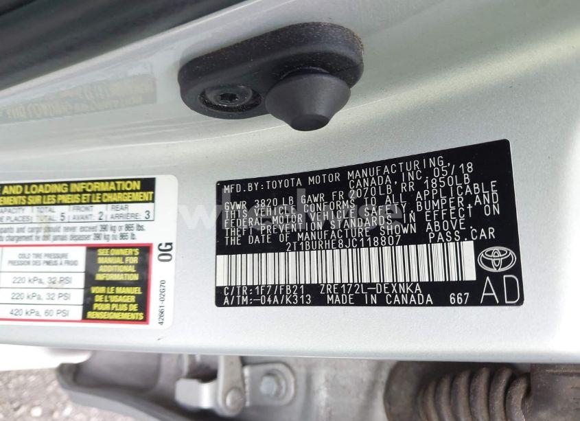 Photo 9 of 2018 Toyota Corolla LE (VIN 2T1BURHE8JC118807)