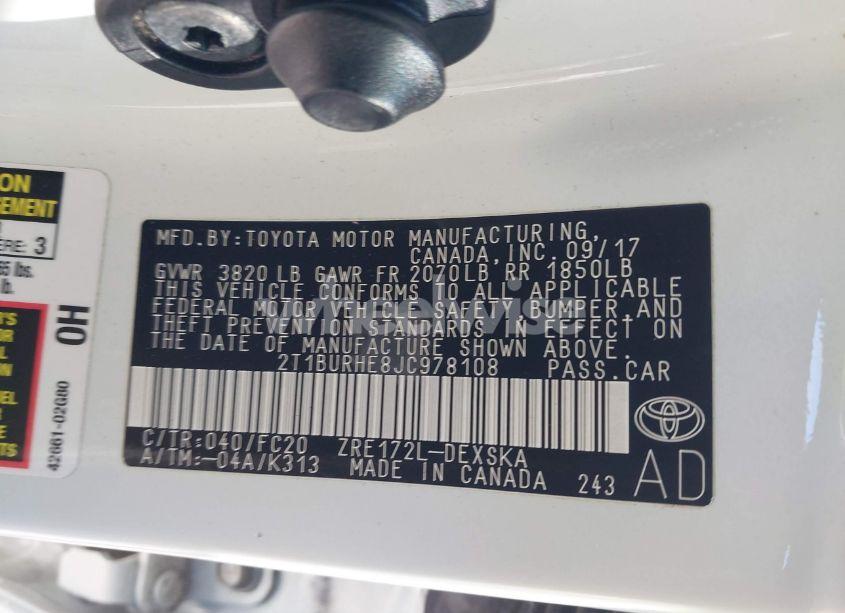 Photo 9 of 2018 Toyota Corolla SE (VIN 2T1BURHE8JC978108)