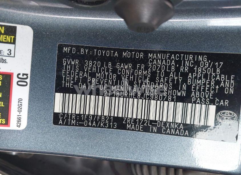 Photo 9 of 2018 Toyota Corolla LE (VIN 2T1BURHE8JC980781)