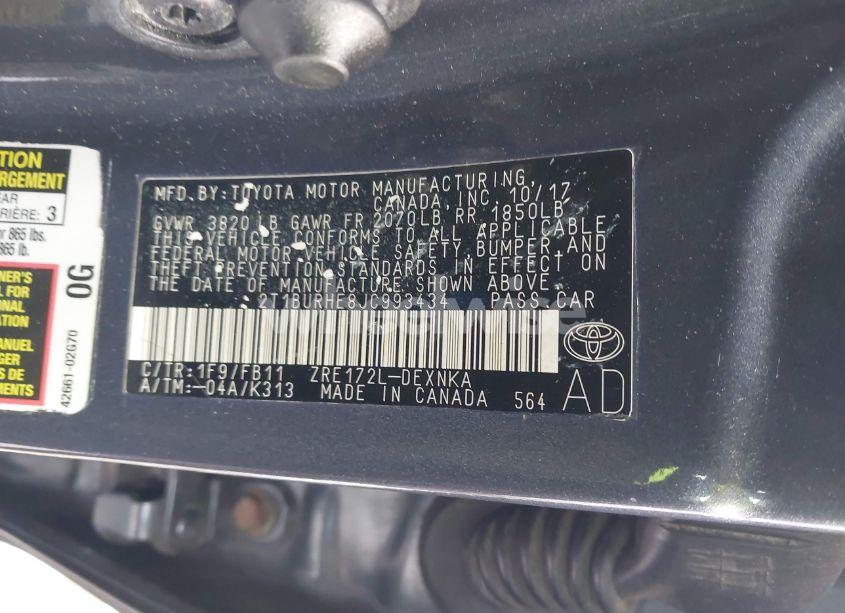 Photo 9 of 2018 Toyota Corolla LE (VIN 2T1BURHE8JC993434)