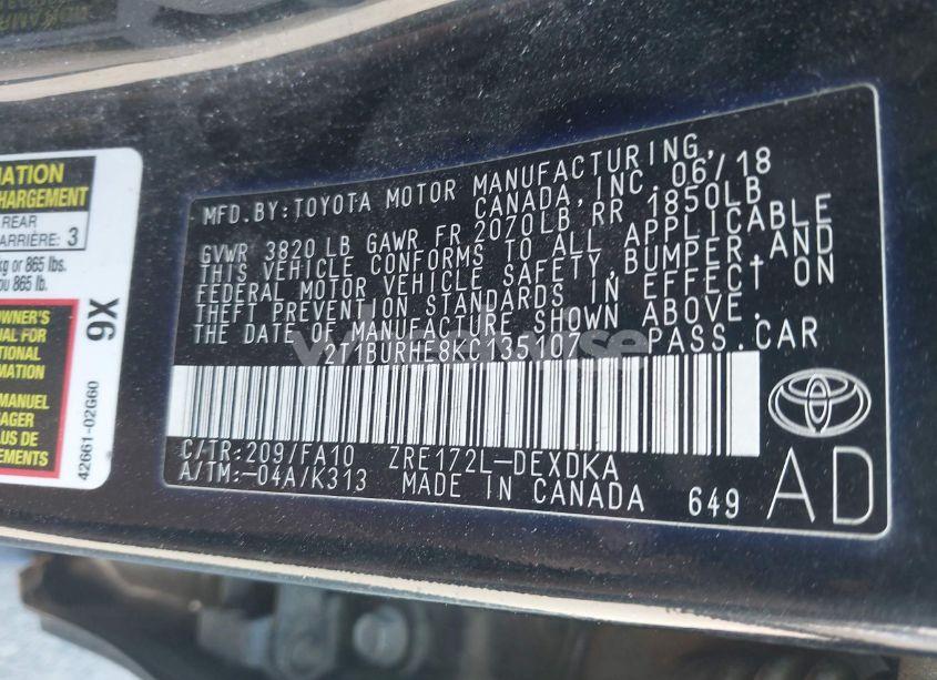 Photo 9 of 2019 Toyota Corolla L (VIN 2T1BURHE8KC135107)