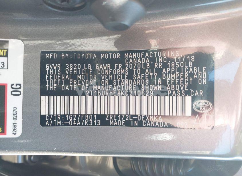 Photo 9 of 2019 Toyota Corolla LE (VIN 2T1BURHE8KC210629)