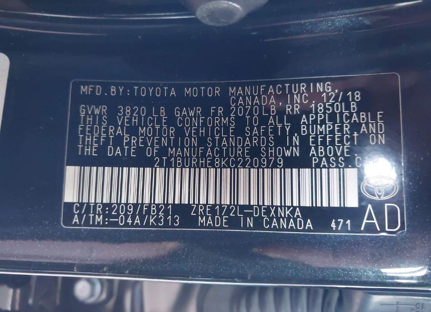 Photo 9 of 2019 Toyota Corolla LE (VIN 2T1BURHE8KC220979)