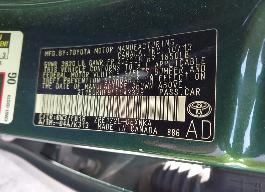 Photo 9 of 2014 Toyota Corolla LE (VIN 2T1BURHE9EC043329)