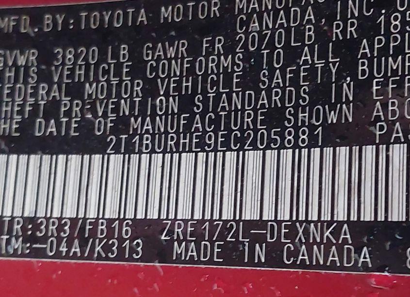 Photo 9 of 2014 Toyota Corolla LE (VIN 2T1BURHE9EC205881)