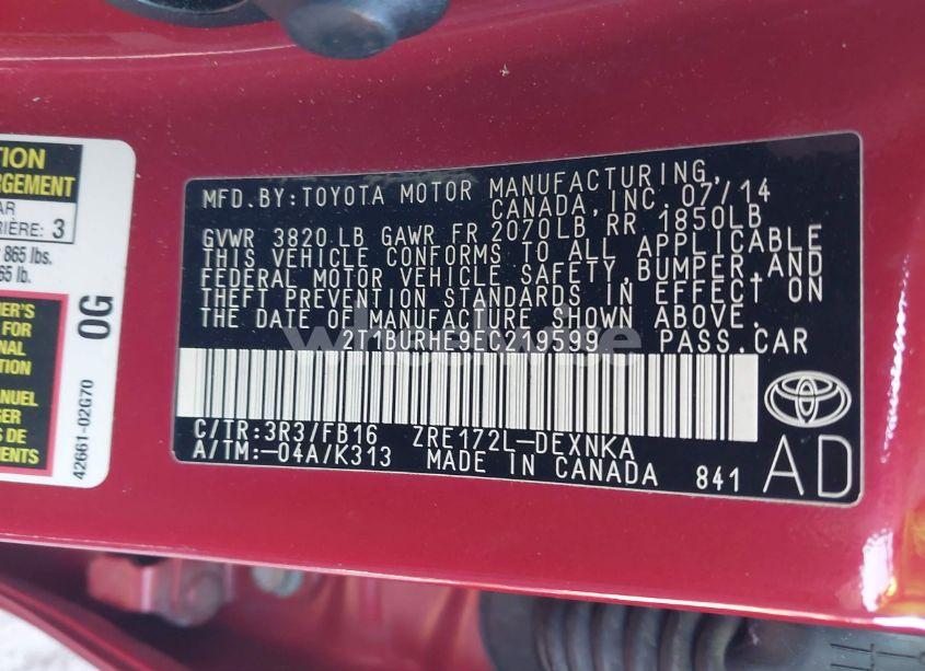 Photo 9 of 2014 Toyota Corolla LE (VIN 2T1BURHE9EC219599)