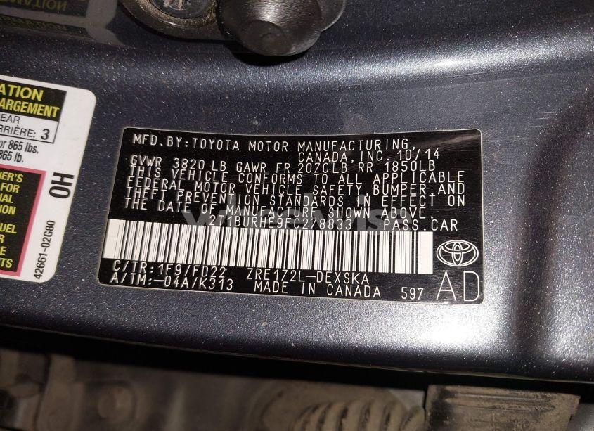 Photo 9 of 2015 Toyota Corolla S PLUS (VIN 2T1BURHE9FC278833)