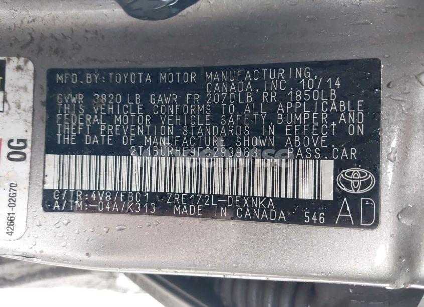 Photo 9 of 2015 Toyota Corolla L/LE/LE PLS/PRM/S/S PLS (VIN 2T1BURHE9FC293963)