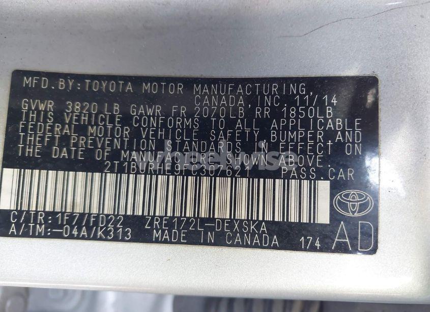 Photo 9 of 2015 Toyota Corolla S PLUS (VIN 2T1BURHE9FC307621)