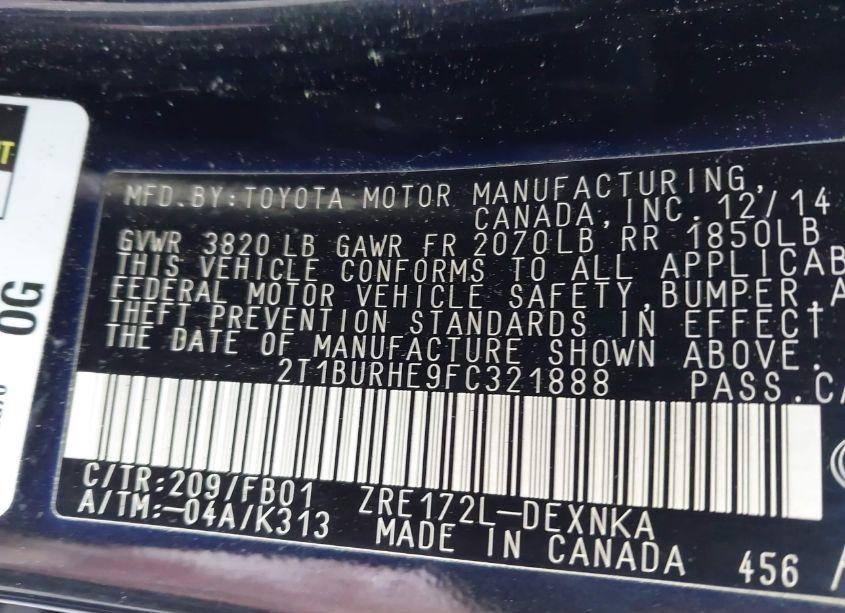 Photo 9 of 2015 Toyota Corolla LE (VIN 2T1BURHE9FC321888)