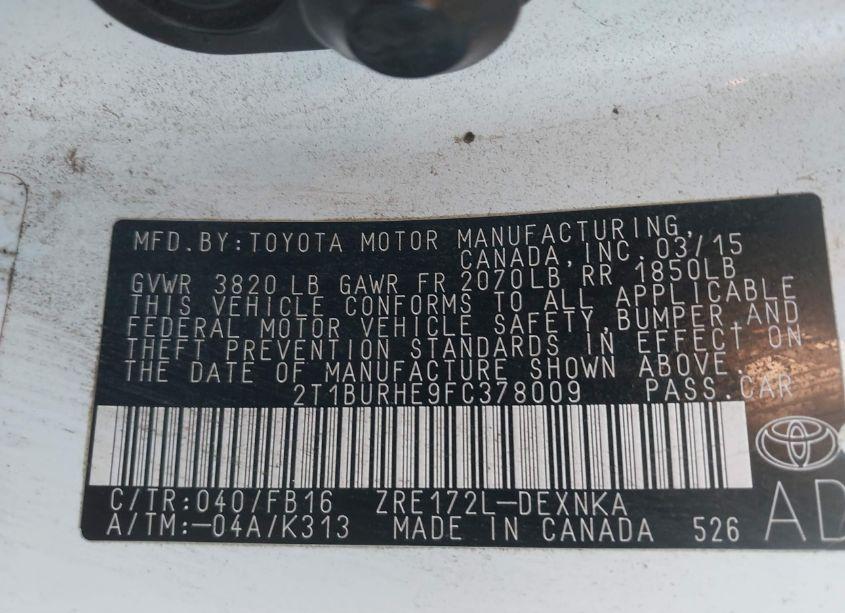 Photo 9 of 2015 Toyota Corolla LE (VIN 2T1BURHE9FC378009)