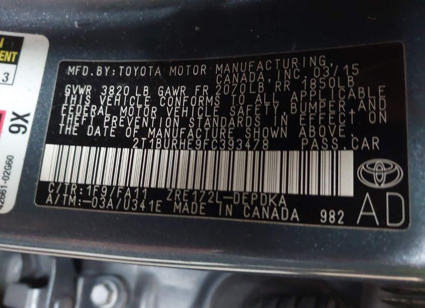 Photo 9 of 2015 Toyota Corolla L (VIN 2T1BURHE9FC393478)