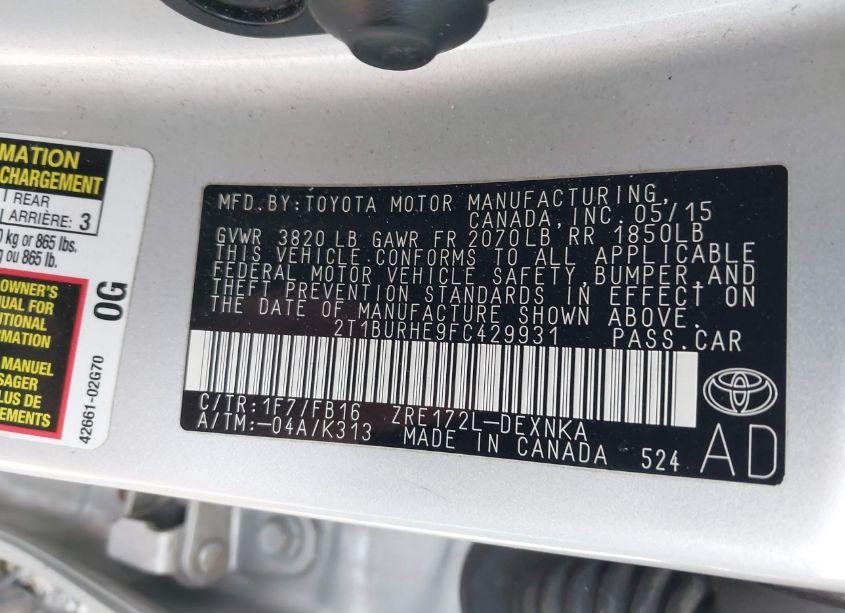 Photo 9 of 2015 Toyota Corolla LE (VIN 2T1BURHE9FC429931)