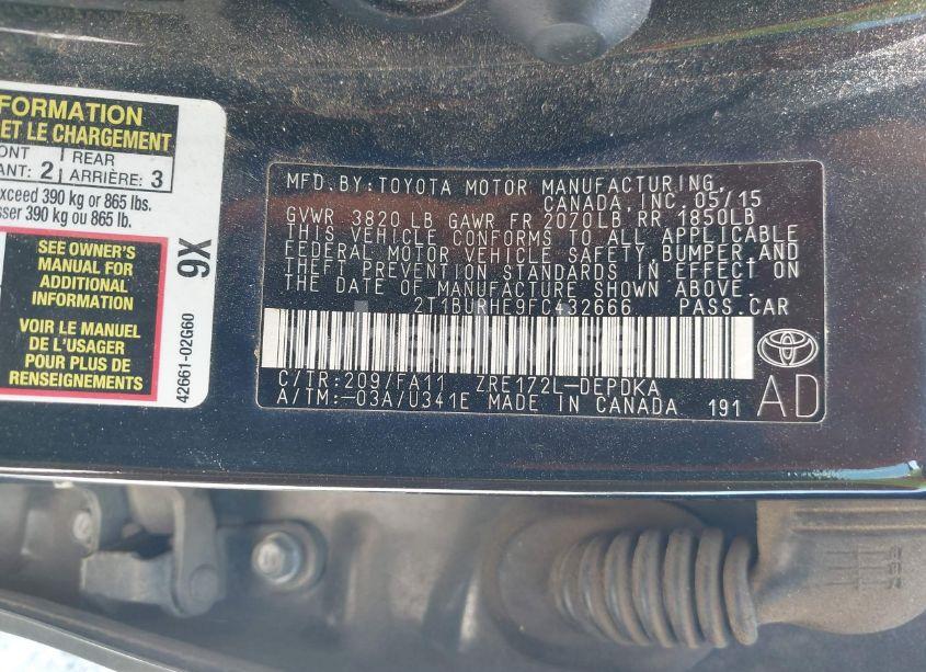 Photo 9 of 2015 Toyota Corolla L (VIN 2T1BURHE9FC432666)