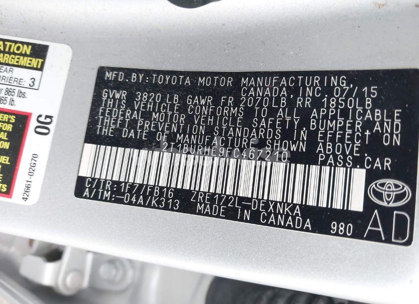 Photo 9 of 2015 Toyota Corolla LE (VIN 2T1BURHE9FC467210)