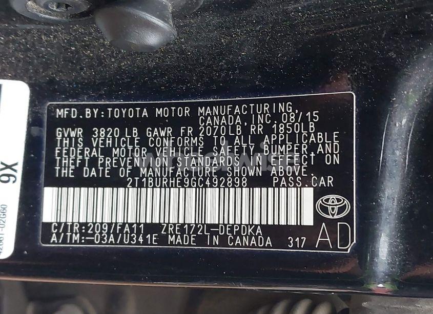 Photo 9 of 2016 Toyota Corolla L (VIN 2T1BURHE9GC492898)