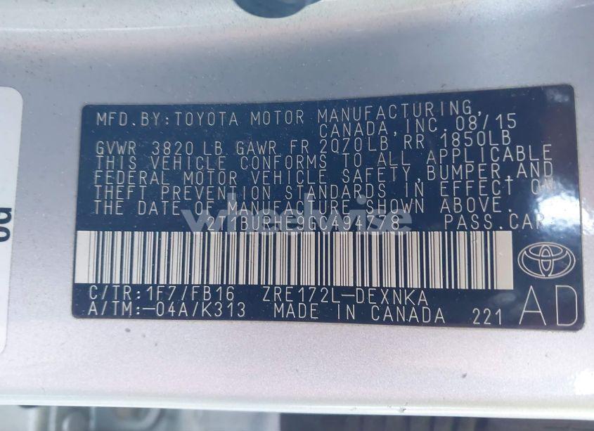 Photo 9 of 2016 Toyota Corolla LE (VIN 2T1BURHE9GC494778)