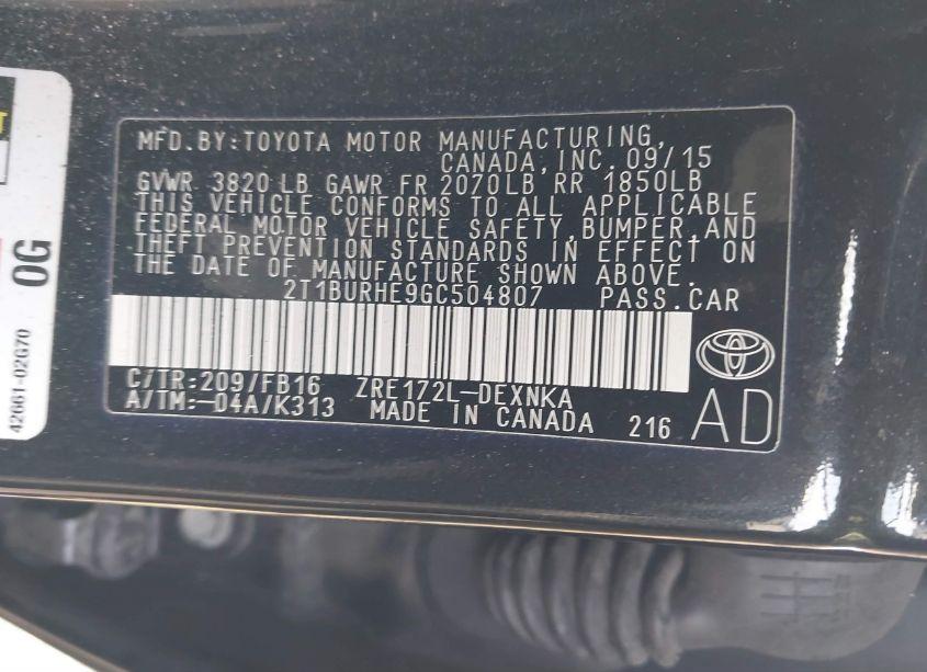 Photo 9 of 2016 Toyota Corolla LE PLUS (VIN 2T1BURHE9GC504807)