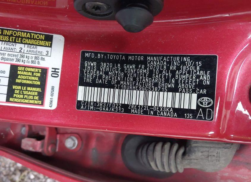 Photo 9 of 2016 Toyota Corolla S PLUS (VIN 2T1BURHE9GC538715)