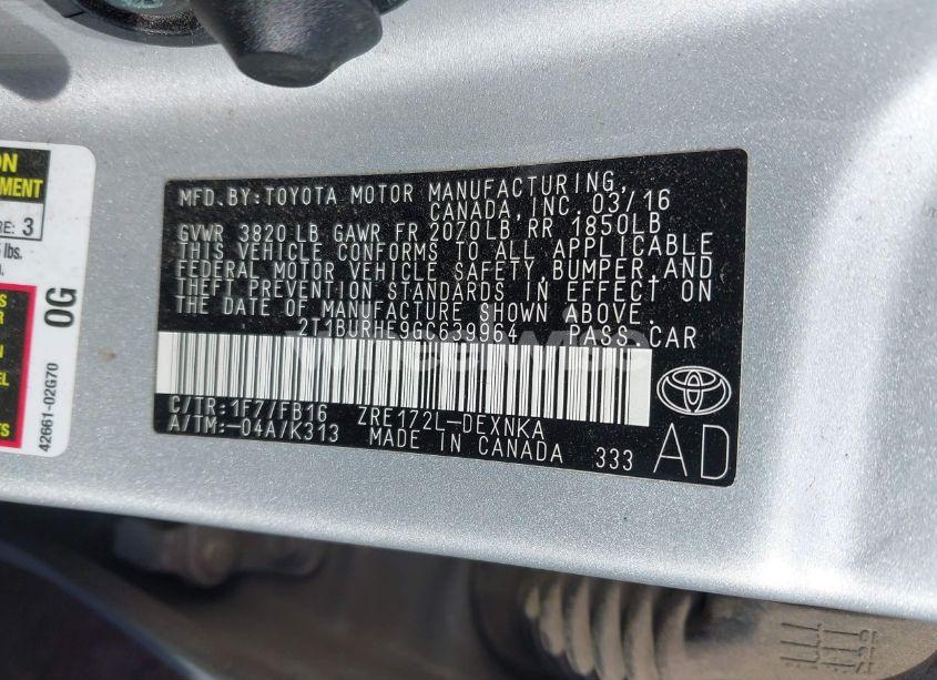 Photo 9 of 2016 Toyota Corolla LE (VIN 2T1BURHE9GC639964)