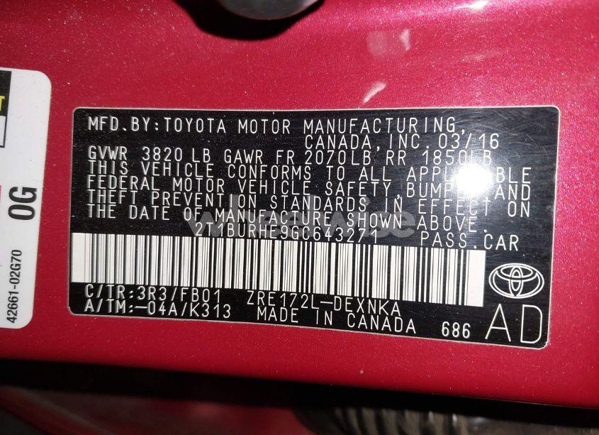 Photo 9 of 2016 Toyota Corolla LE (VIN 2T1BURHE9GC643271)