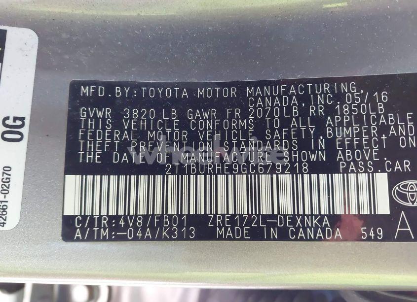 Photo 9 of 2016 Toyota Corolla LE (VIN 2T1BURHE9GC679218)