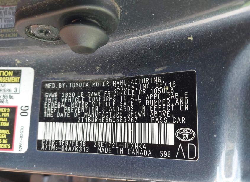 Photo 9 of 2016 Toyota Corolla LE (VIN 2T1BURHE9GC683267)